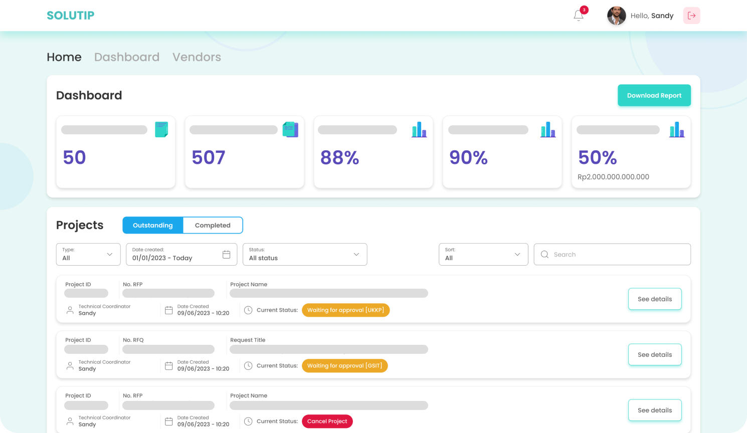 Procurement Web App interface designed to manage enterprise supply chain and purchasing, built by Cranium.
